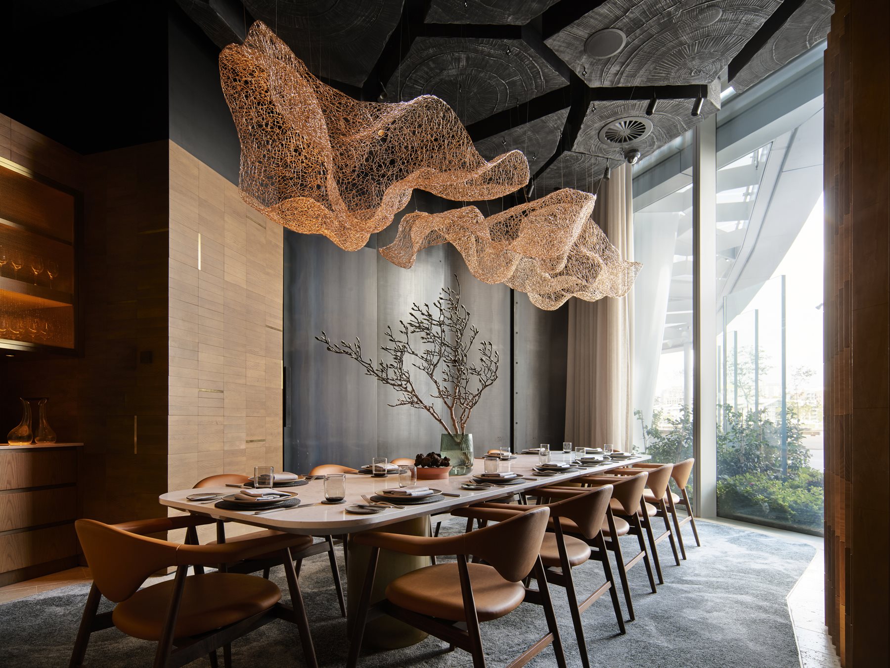 woodcut silver ash dining room with window view
